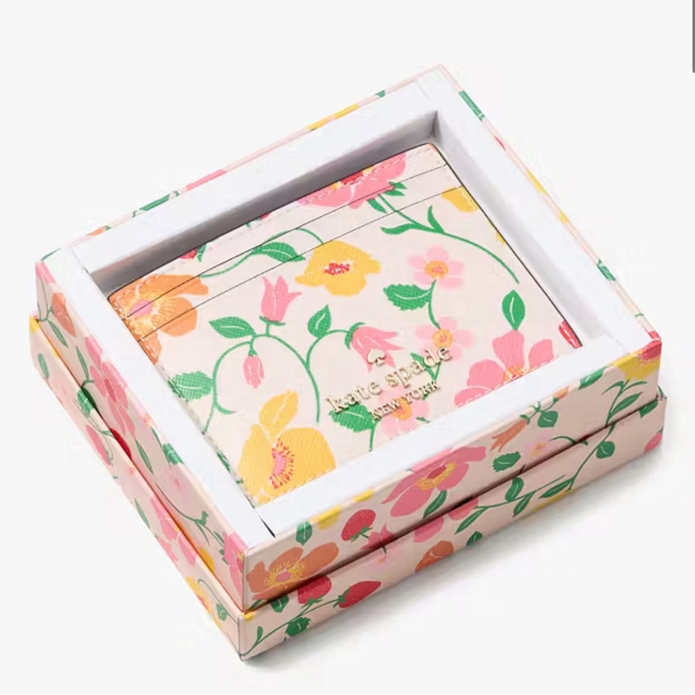 Kate Spade Boxed Madison Strawberry Garden Small Slim Card Holder Pink Multi - Picture 12 of 15